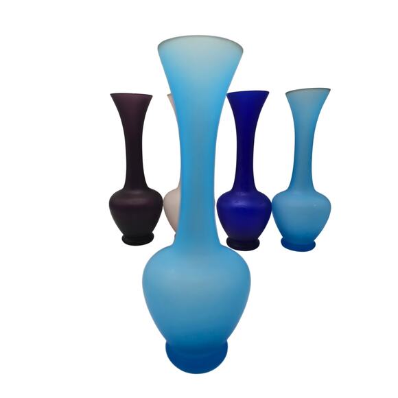 Set of 5 Colored Satin Glass Bud Vases 7.5" Tall EUC - Picture 6 of 12